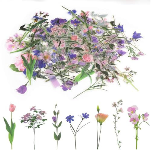 DIELIANHUA 80 PCS Transparent Blumen Sticker, PET Wasserdicht, Vintage & Natürlich, Geeignet für Sammelalben, Fotoalben, Tagebücher, Notizbücher