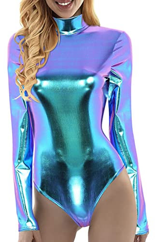 Damen Metallic Langarm Leotard Karneval Kostüm Glänzende Ballettanzug Ballettbody Glitzer Body Damen Gymnastikanzug Trikot Langarm Bodysuit Metallic Einteiler Turnanzug Overall Lack (Blue-c, S)