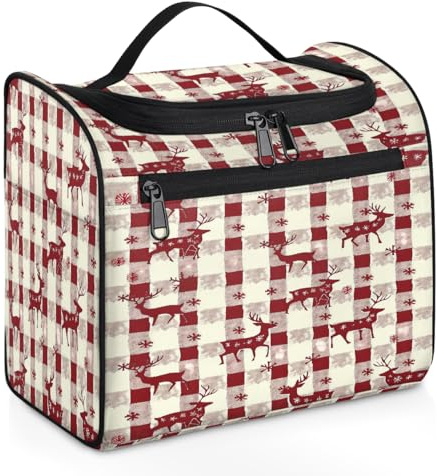 Mexpekil Kulturbeutel zum Aufhängen, mit 11 Fächern, rotes Karomuster und Winter-Symbole, wasserabweisend, Make-up-Kosmetiktasche, Reise-Organizer für Zubehör, Shampoo, Toilettenartikel in voller