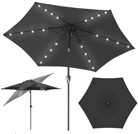 Fiqops Sonnenschirm LED Solar Ø 350 cm Grau mit Kurbel | Ampelschirm Gartenschirm Sonnenschutz UV Schutz 50+ | Kurbelschirm Marktschirm wasserdicht für Garten, Balkon, ohne Ständer