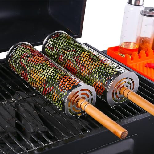 Rolling BBQ Grill Baskets 2pcs, with Wooden Handle, Forks and Hooks, 304 Stainless Steel, Portable Nesting Grill Tools, Barbecue Accessories, Outdoor Camping,veggies, Shrimp (Upgraded 2 x Round)