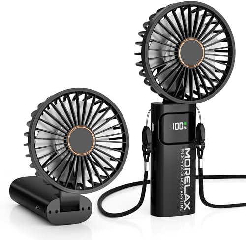 Morelax Ventilador de Mano, Mini Ventiladors Portátil, 5200mAh Recargable, Bolsillo Pequeño Ventilador Con 6 Niveles de Velocidad, USB,Plegable 180° para Casa, Oficina, Escuela, Exterior, Negro