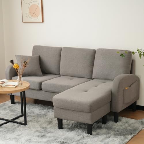 Schlafsofa, 3-Sitzer in L-Form mit Halbinsel, Ecksofa, ausziehbar in atmungsaktive Baumwolle und Leinen und Armlehnentasche, 3-Sitzer-Sofa, modulares Design, Sofa links und rechts, Dunkelgrau