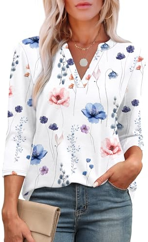 Aokosor Womens 3/4 Sleeve Tops Ladies Blouses Crew Neck Pleated Shirts Fashion Dressy Tunic Blouses