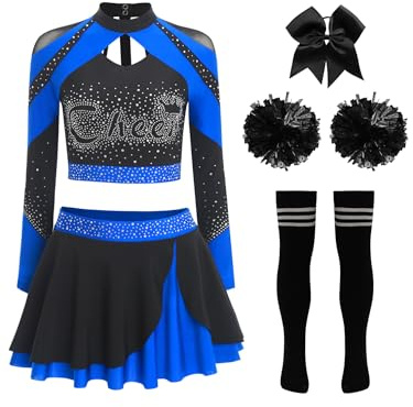 YiZYiF Damen Cheer Leader Kostüm Cheerleading Uniform 5er Langarm Top Rock Strümpfe Pompoms Haarband Halloween Fasching Kostüm Königsblau&Schwarz-Poms S