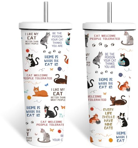 FAIVHSO Cat Gifts for Women, 24 oz Insulated Tumbler with Lid and Straw, Stainless Steel Water Bottle, Coffee Cups Travel Mug for Her Cat Lovers