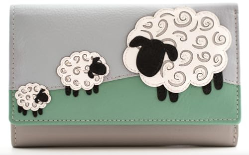 Valais Leather Field of Sheep Grey Green Tri-Fold Purse Wallet