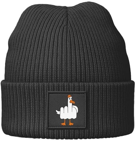 MoonWorks® Damen Beanie mit Print Gans Mittelfinger Strickmütze Patch Bedruckt Accessoires Winter Streetwear