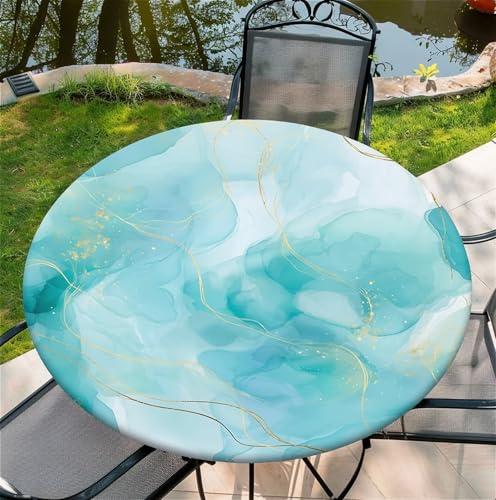 Runde Outdoor-Tischdecke, wasserdichte Elastische Tischdecke mit Gummizug Türkis-goldenes Marmormuster für Garten Restaurant, Ideal für 80cm-90cm