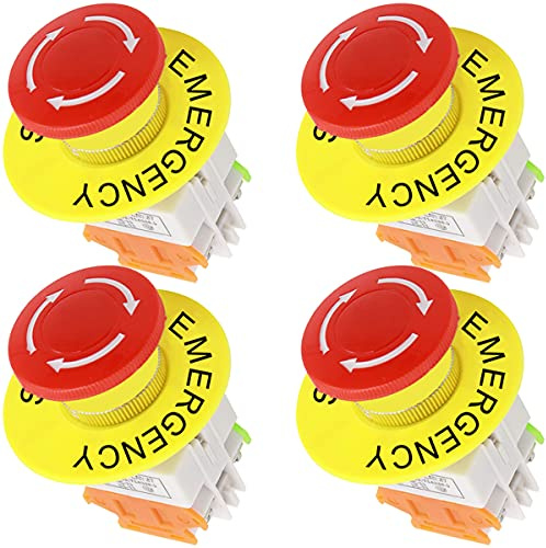 HAAMNING7 Notausschalter Druckschalter Latching Schalter 22mm C, Einrastendes 22mm Montageloch Not-Stopp-Schalter 1NO 1NC mit 60mm Not-Aus-Zeichen, 4 Stück