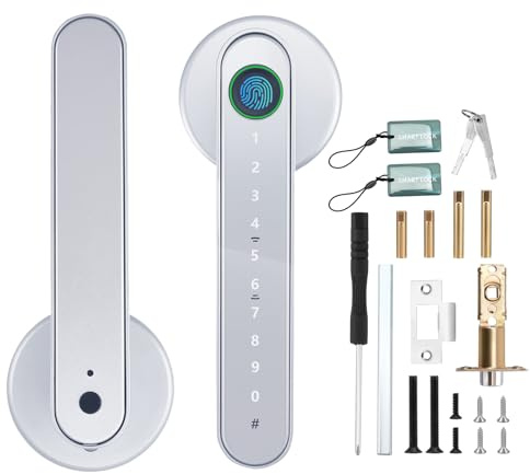 5 in 1 Smart Door Lock, Advanced Automatic Digital Handle with APP/Fingerprint/IC Card/Code/Keys, Biometric Door Lock for Front Door Bedroom Office Hotel(Silver)