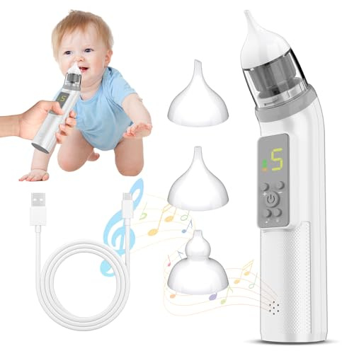 Aspirador Nasal para Bebés, Aspirador Nasal Eléctrico para Bebés con 5 Niveles de Succión, 3 Niveles de Succión Ajustable, Función de Música y Luz Calmante, Recargable, Ruido Bajo