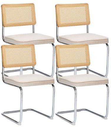 Beige Rattan Esszimmerstühle 4er Set, Samt Freischwinger, Chromgestell | Geflochtene Rückenlehne; weiche Sitzpolsterung; armloses Design; Bodenschoner; stabile Rohrkonstruktion; Mid Century Stil