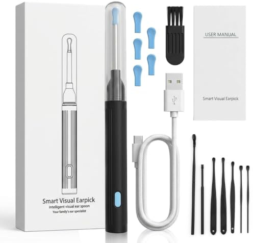 Ear Wax Removal Kit with 1920P HD Camera, Ear Cleaner with LED Light | Ear Camera Otoscope with 6 LED Lights, 6 Ear Spoons & 8 Ear Tools, USB-C Rechargeable for iPhone, iPad and Android (Black)