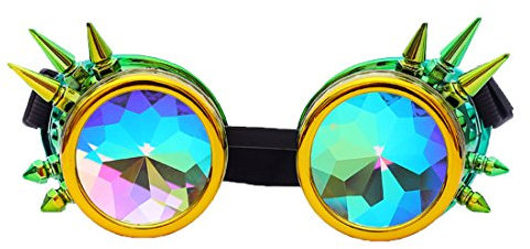 FLORATA Kaleidoscope Regenbogen-Steampunk-Brille, Kristallgläser, Schweißen, Augenschutz, Vintage-Brille Gr. Einheitsgröße, Gelb Grün (Spikes)
