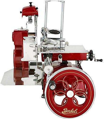 Berkel Volano Tribute handbetriebene Aufschnittmaschine mit Blütenverziertes Schwungrad und Messerdurchmesser 300 mm Rot