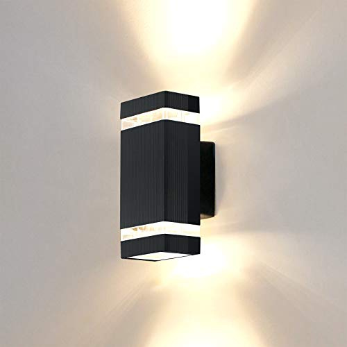 HLFVLITE Outdoor Wall Lights Mains Powered, Up and Down Lights Outdoor, IP44 Waterproof Front Door Light, Die-Cast Aluminum Porch Light with GU10 Warm White LED Bulbs, Black