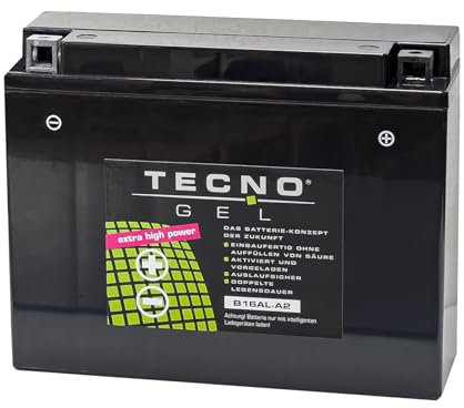 TECNO-GEL Motorrad-Batterie für YB16AL-A2 für YAMAHA XV 750 SE, Virago 1992-1997, 12V Gel-Batterie 16Ah, 205x70x162 mm