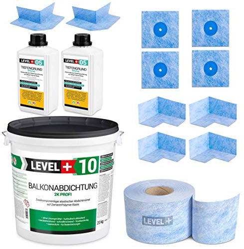 Dicht-Set Badabdichtung 20Kg Balkonabdichtung 2K, 4 Innenecken, 2 Außenecke, 4 Wandmanschetten, 25M Dichtband, 2L Tiefengrund mit Wasserglas SET29