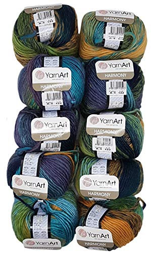10 x 50 g YarnArt Harmony Strickwolle mehrfarbig mit Farbverlauf, 500 Gramm Strickgarn mit 60% Wolle-Anteil (lila blau ocker grün A4)
