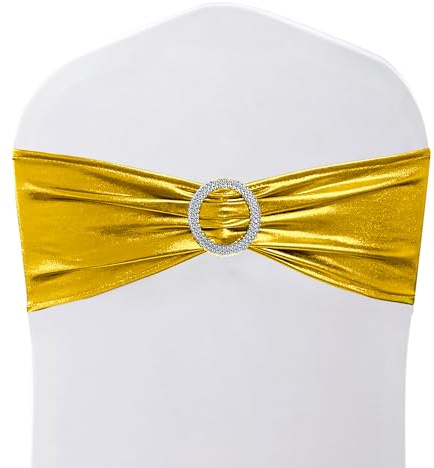 WedDecor Stretch Shiny Chair Bands with Slider Buckle, Gold, 100pcs