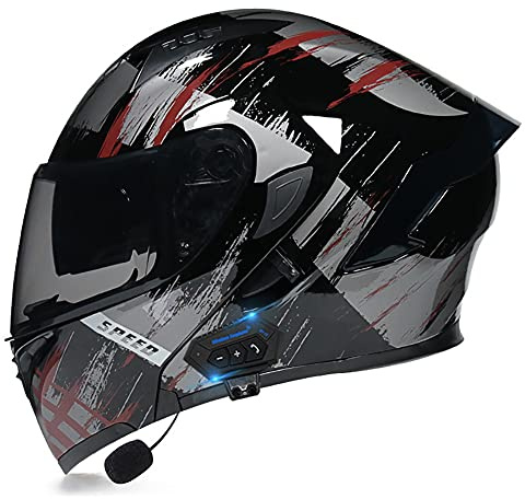 Motorradhelm mit Bluetooth Klapphelm Integralhelm Fullface Helm Sturzhelm mit Doppelvisier Sonnenblende ECE Rollerhelm Anti-UV für Damen Herren Erwachsene-Schwarz 55~60cm