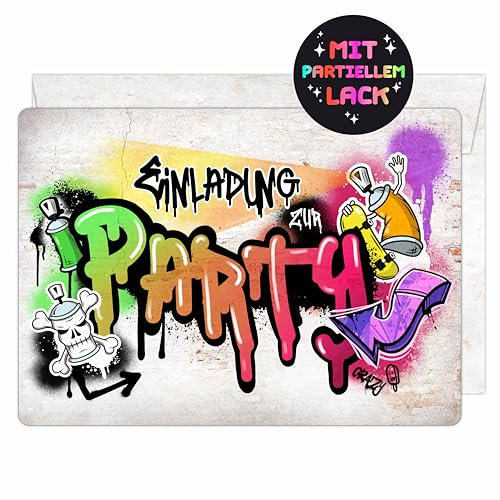 CALLUNA® 12 Einladungskarten zur Party mit RELIEFLACK und bedruckten Versandhüllen – Bunte Einladung zur Geburtstagsfeier – Partyeinladungen – Einladung zur Party – GRAFITTI