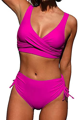 Joligiao Femme Maillot De Bain 2 Pièces Vintage Ensemble Bikini Taille Haute Ruched Bas de Bikini Réglable Amincissante Slim Bikinis Push Up Ensemble de Swimwear de Plage Beachwea(Rose,M)