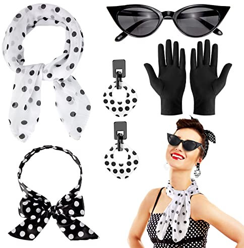 Hifot 50er Jahre Accessoires 1950s Rockabilly Accessoires Damen Polka Dots Bandana Haarband Schal Ohrringe Handschuhe Katzenaugen Sonnenbrille Damen Vintage