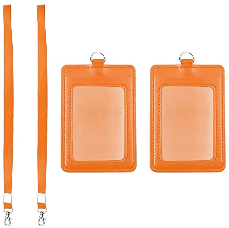 Lot de 2 porte-badges verticaux en cuir synthétique avec cordon et 2 emplacements pour cartes, fenêtre transparente pour carte d'accès, cartes de crédit, cartes de visite, cartes de travail (orange)