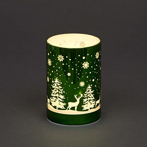 SHATCHI 13cm Christmas Decorated Vase Table Lamp Etched Glass Tube Forest Scene Green Cylinder LED Fairy Lights Battery Operated