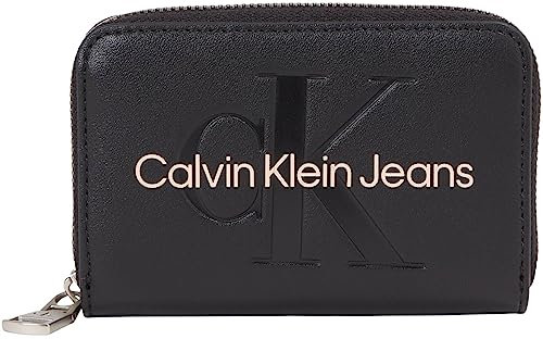 Calvin Klein Jeans Damen Portemonnaie Sculpted Med Zip Mono Klein, Schwarz (Black With Rose), Onesize