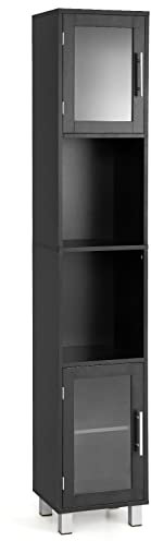 COSTWAY Bathroom Tall Cabinet, Freestanding Slim Storage Cupboard with Tempered Glass Doors, 2 Open Shelves and Adjustable Shelf, Wooden High Floor Cabinet for Living Room Kitchen Hallway (Black)