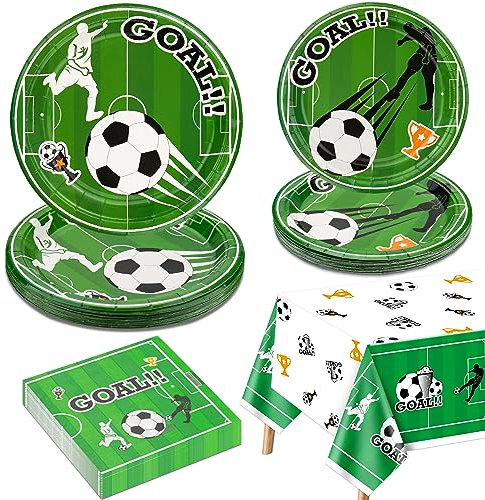 QUERICKY Fußball-Party-Dekorationen für 20 Gäste, Geschirr-Set enthält Fußball-Papierteller, Fußball-Tischdecke, Servietten für Jungen Sport-Thema Geburtstagsparty Baby-Dusche Party-Dekorationen