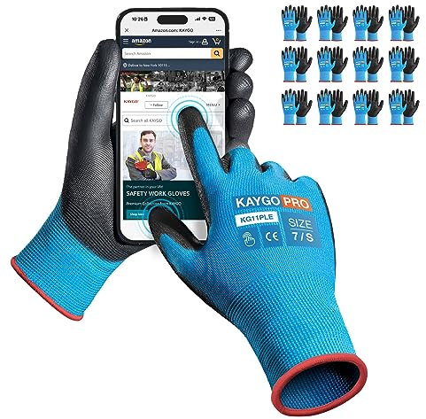 KAYGO 12 Paar Arbeitshandschuhe Touchscreen PU beschichtet Schutzhandschuhe, antirutsch Griff an Handflächen und Fingern, Geeignet für DIY allgemeine Arbeit Gartenarbeit (Blau, S, Gr 7)