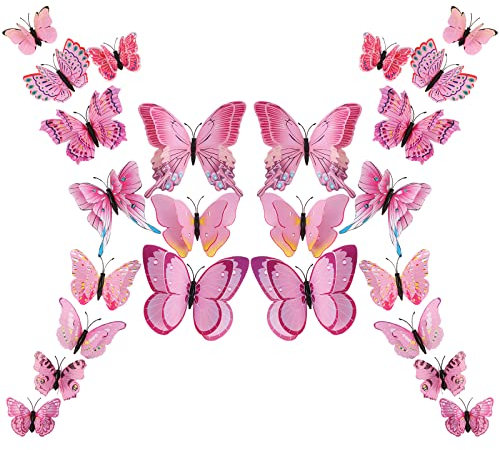 24 Stück 3D-Schmetterlings-Wanddekoration, Doppelschicht-Stereo-Schmetterlings-Wandaufkleber, abnehmbar, ideal für Partydekorationen zu Hause (Rosa)