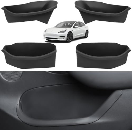 Enovorld Tesla Model 3 Door Storage Accessories - 4 PCS Upgrade Silicone Full-Cover Waterproof Door Tray Organizer for 2021-2023 Model 3 (Black)