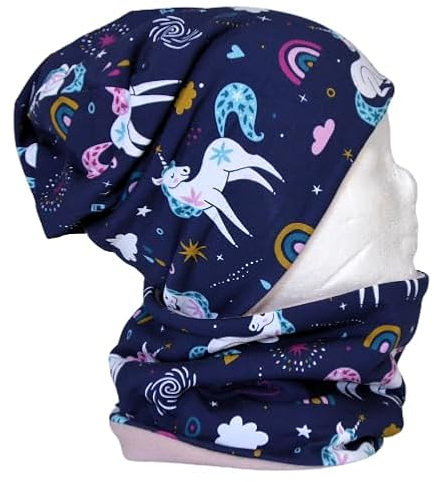 Fleece Loop Schal & Mütze | SET Einhorn violett rosa türkis lila | Mädchen für 4-5 - 6-7 - 8 Jahre Kinder warm gefüttert Beanie Kombination