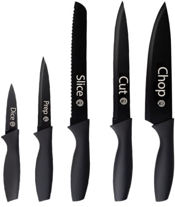 MasterChef Cuchillos Cocina, Set Cuchillo de Chef (Carne, Sierra por Pan, Verduras y Pescados), Colección de Acero Inoxidable con Asas Suaves al Tacto, Multifuncional, 5 Piezas, Negro, Captions
