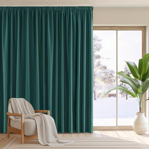 PONY DANCE Vorhang Blickdicht Kräuselband Gardinen für Große Fenster 1er Set H 245 x B 300cm Wohnzimmer Vorhänge mit Kräuselband für Schiene Verdunklungsvorhänge Thermovorhang gegen Kälte, Dunkelgrün