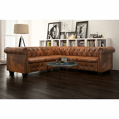 Camerina Chesterfield Ecksofa Couch Leder 5-Sitzer Kunstleder Braun Braun Sofa