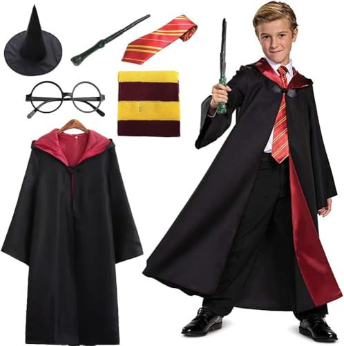 ZOYDP Zauberer Kostüm für Kinder, 6-Teiliges Harry Set Mit Magier Robe, Hut, Schal, Zauberstab, Brille, Umhang für Jungen Mädchen Karneval Cosplay