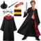 ZOYDP 6 PCS Deguisement Sorcier per Enfants, Costumes Cape, Costume de Magicien avec Chapeau, Lunettes, Baguette Magique, Écharpe et Cravate pour Jeunes Filles Halloween Carnival Cosplay Costumes