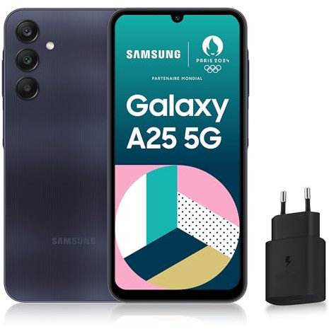 SAMSUNG GALAXY A25, Smartphone Android 5G, 256 Go, Chargeur secteur rapide 25W inclus [Exclusivité Amazon], Smartphone déverrouillé, Bleu nuit, Version FR