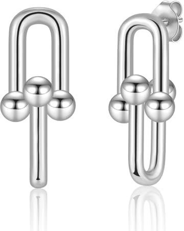 Silver Stud Earrings for Women, Hypoallergenic Silver White Gold Plated Chunky Earring U-Shaped Paperclip Link Chain Hoop Earrings Large Studs Statement Earrings Jewellery Girls Gifts