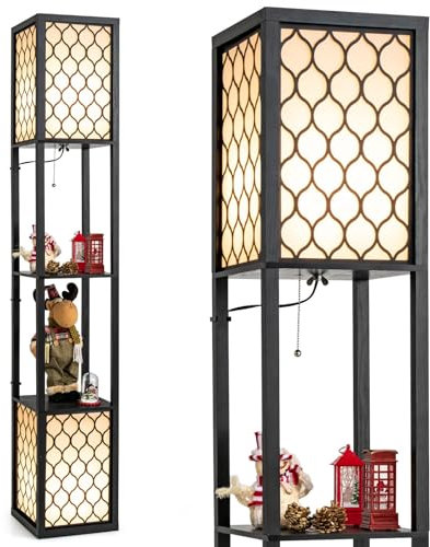 RELAX4LIFE 156 cm Stehleuchte mit 2 Regalen, Stehlampe mit Zugschalter Fußschalter 2 Steckdosen, Elegante Innenbeleuchtung für Wohnzimmer Schlafzimmer Büro, Schwarz