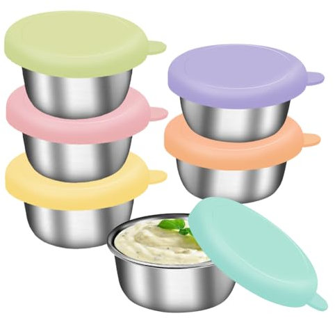 VCRANONR 6 Pcs Salad Dressing Container To Go 50ml Small Stainless Steel Condiment Containers Cups Leakproof Small Food Containers Mini Sauce Pots with Silicone Lids for Dips Snack Ice Cream