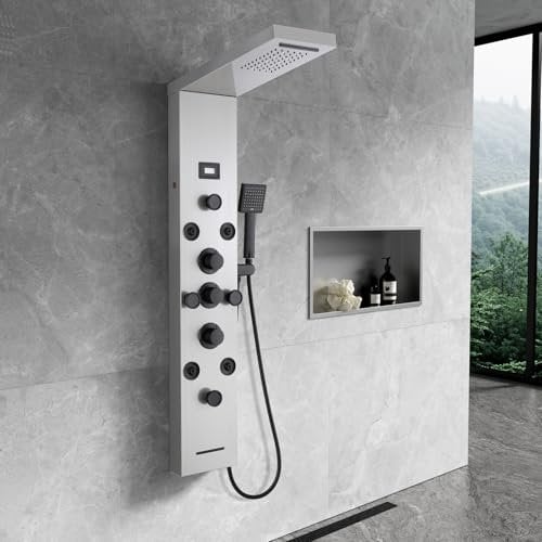 KEOKBON 6 in 1 LED Duschpaneel, Duschpaneele Duschsystem aus 304 Edelstahl mit LCD Temperaturanzeige Wasserfall & Regendusche 8 Massagedusche Handbrause Wanneneinlauf, Gebürstetes Edelstahl & Schwarz