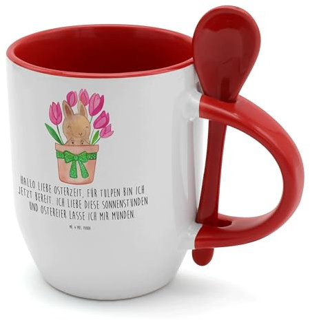 Mr. & Mrs. Panda Tasse mit Löffel Hase Tulpen - Ostergeschenke, Osterdeko, Geschenk, Alternative zu Blumen, Tasse mit Spruch, Kaffeebecher,