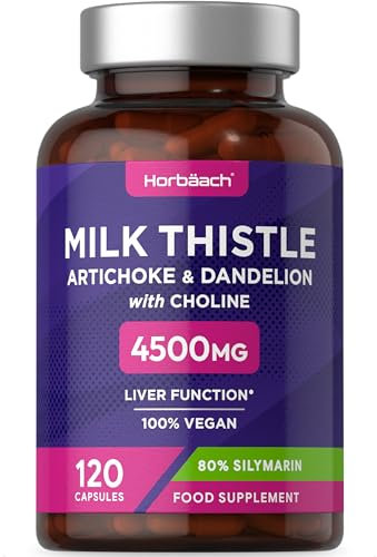 Chardon Marie Gelules 4500mg | 80% Silymarine | 120 Gélules | Complexe Chardon Marie, Pissenlit et Artichaut | Complément Alimentaire avec Choline | Milk Thistle Complex | by Horbaach